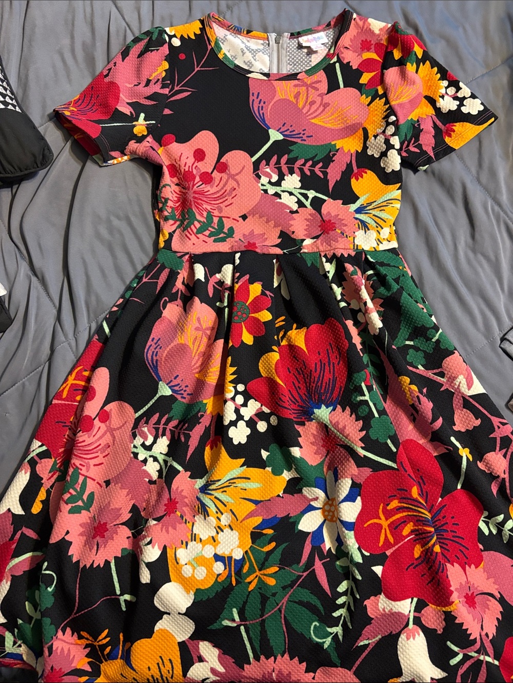 LuLaRoe Black Floral Fit-and-Flare Dress with Pink, Red & Yellow Blooms